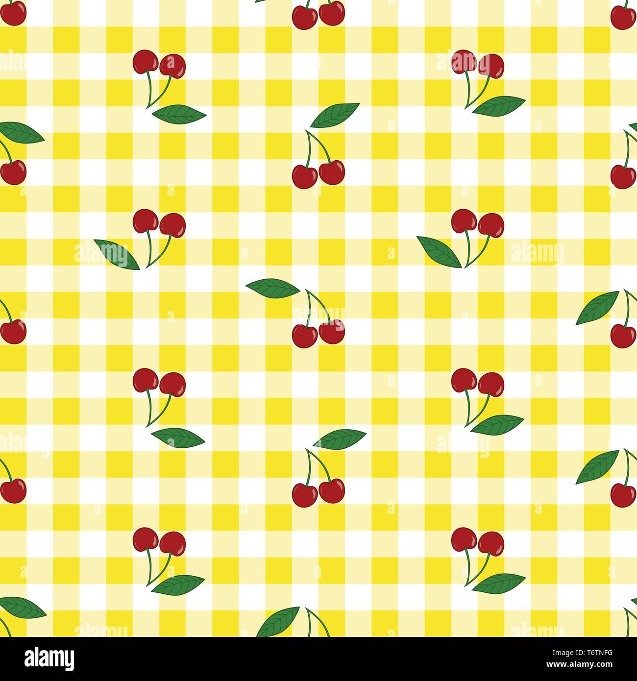 Vector seamless pattern with cherries with leaves on yellow checkered bachground. Stock Vector