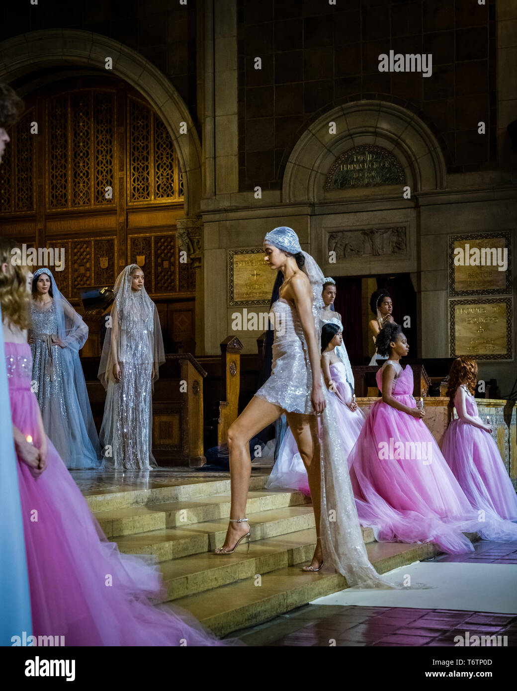 NEW YORK, NY - APRIL 11: A model walks the runway  during the Reem Acra Bridal Spring 2020 collection on April 11, 2019 in New York, NY. Stock Photo