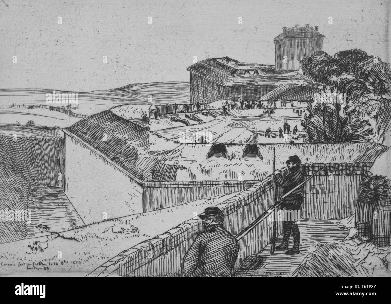 Black and white etching, depicting a high angle view over fortifications, with soldiers looking over a parapet in the foreground, and more figures visible on the first of two bastions in the background; one of a series of prints focusing on the Siege of Paris; titled 'Le bastion 84' (The Bastion 84); numbered, by the illustrator Felix Bracquemond, 1870. From the New York Public Library. () Stock Photo