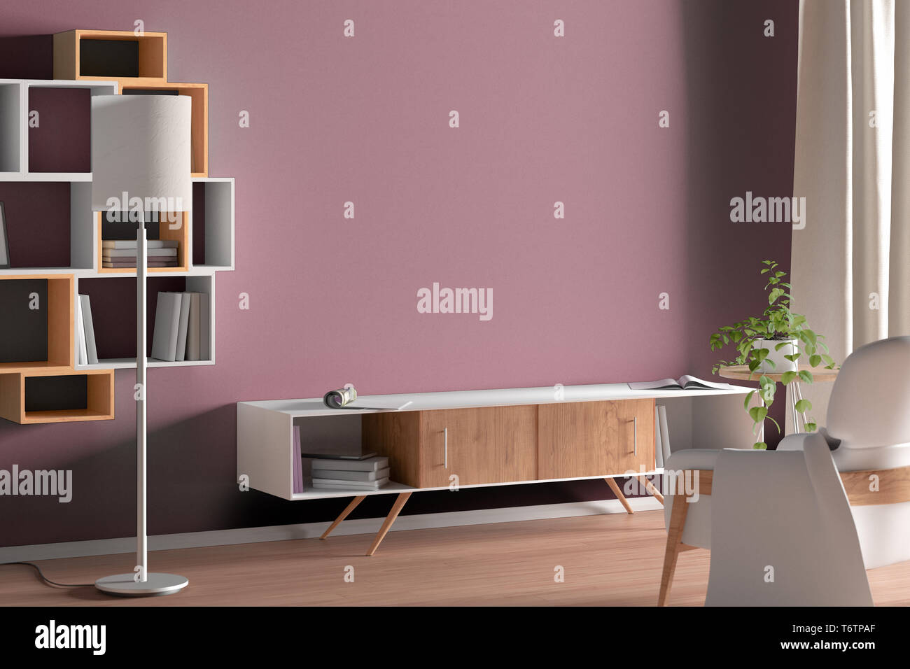 Tv Cabinet In Modern Living Room With Blank Red Wall Background 3d Illustration Stock Photo Alamy