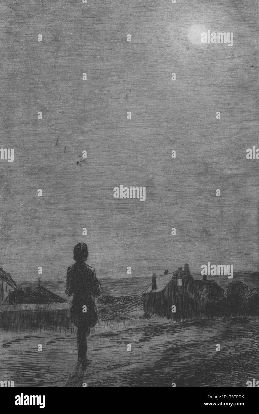 Black and white etching depicting a slim figure, standing with his back to the viewer, on a dirt road, looking up toward a full moon that glows brightly in the dark night sky, with houses and perhaps farm buildings visible in the distance; with the title 'O Lune!' (Oh Moon!) etched in the upper left corner; numbered and signed by the illustrator Felix Bracquemond, 1867. From the New York Public Library. () Stock Photo