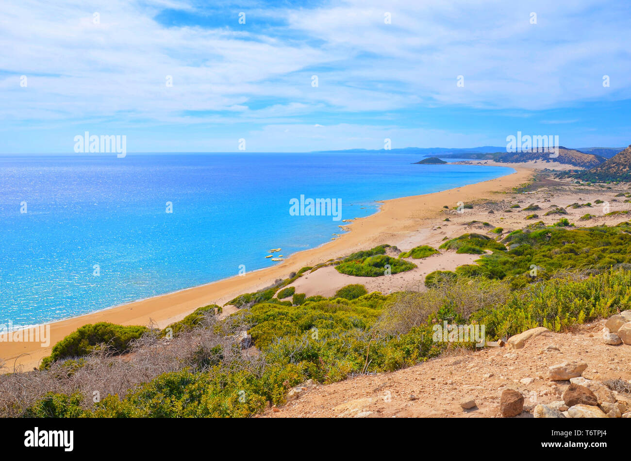 Amazing view of the Golden Beach in Karpas Peninsula, Turkish Northern Cyprus taken on a sunny summer day. One of the most beautiful Cypriot beaches is an amazing off the beaten track spot. Stock Photo