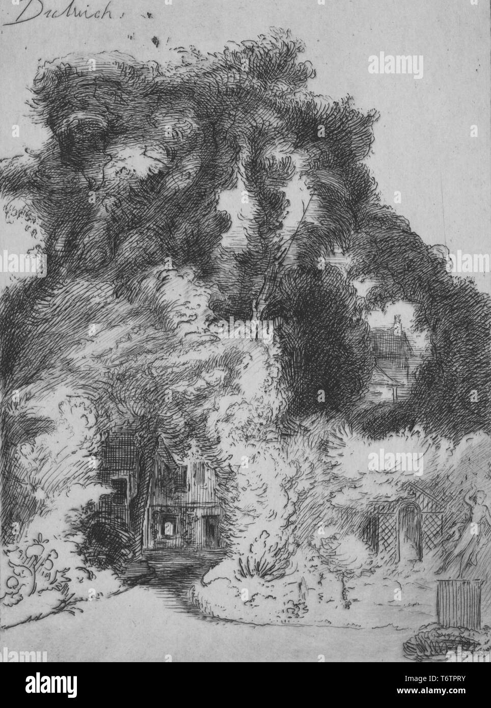 Black and white etching depicting a profusion of trees and vegetation, with an arch over a path leading to a multistory building that is visible in the background; titled 'Jardin de l'Auberge de Dulwich' (the Gardens of the Dulwich Inn); signed and numbered, with the notation 'Dulwich' visible in the top left corner, by the illustrator Felix Bracquemond, 1871. From the New York Public Library. () Stock Photo