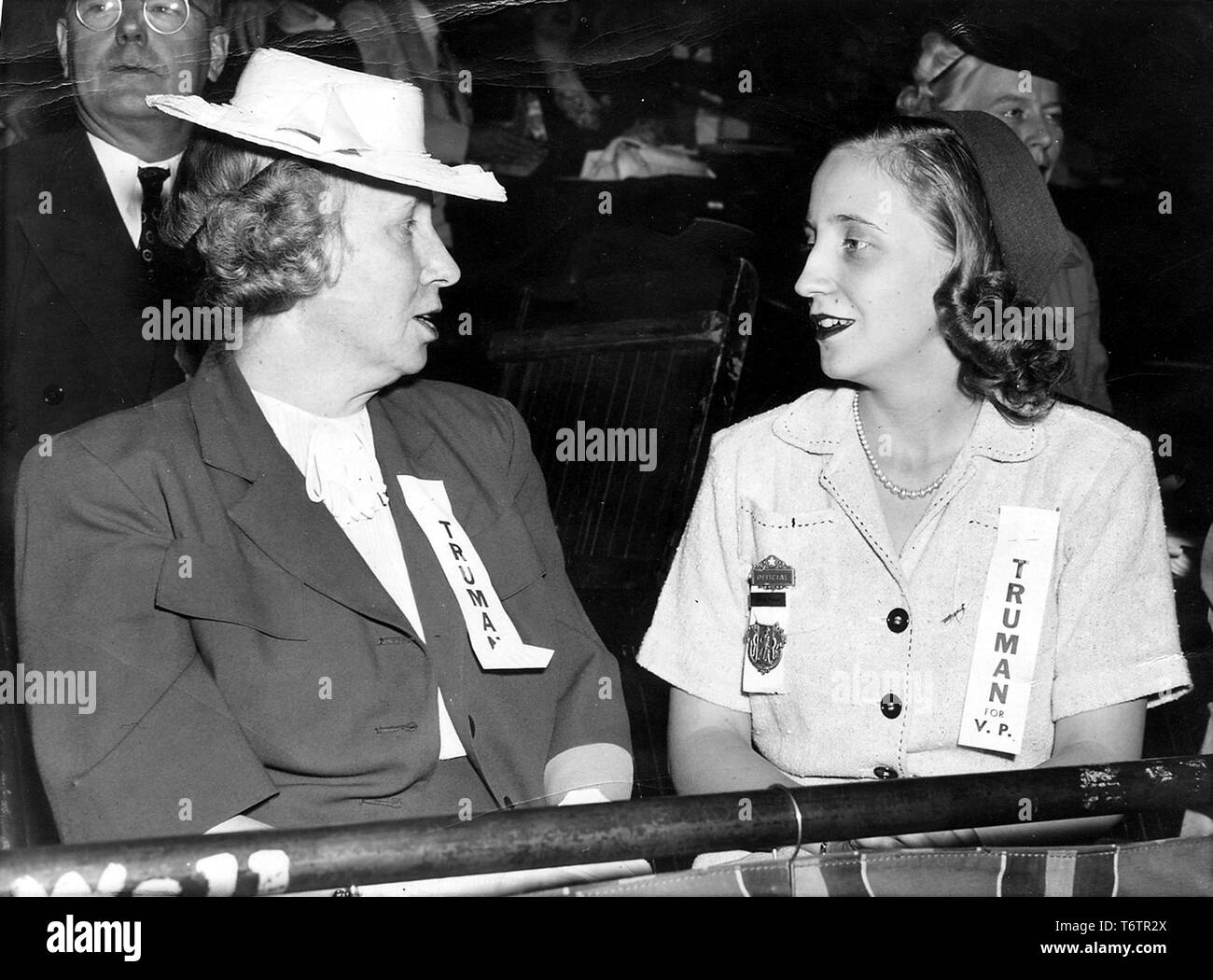 Candid of Bess Truman, first lady to President Harry S Truman, and Margaret Truman, daughter of President Harry S Truman and his first lady Bess Truman, at the Democratic Convention, Illinois, July, 1940. Image courtesy National Archives. Stock Photo