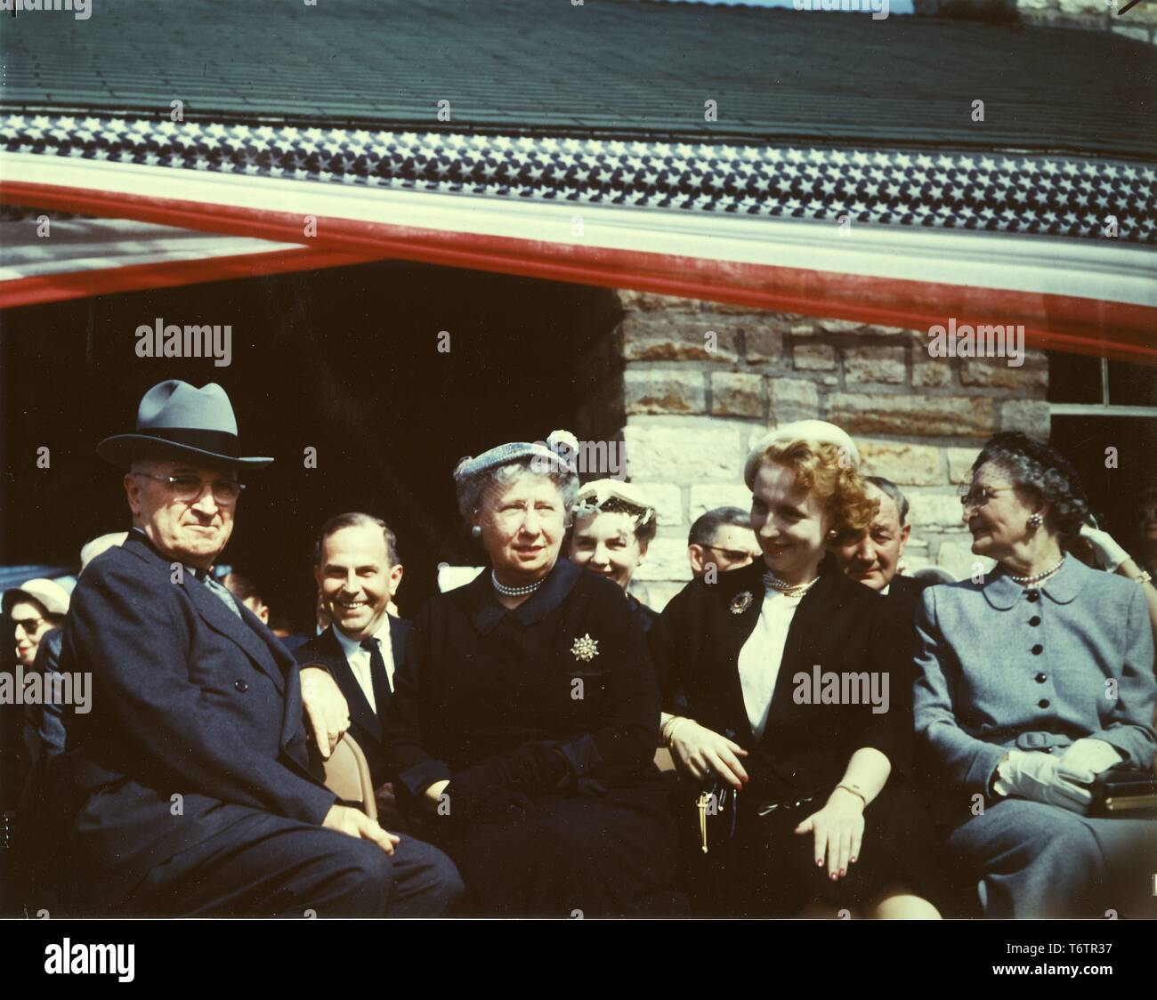 Former President Harry S Truman, Bess Truman (first lady to President Truman), Margaret Truman (the first daughter), and Mary Jane Truman (President Truman's sister) at the ground breaking ceremonies for the Harry S Truman Library, Independence, Missouri, May 8, 1955. Image courtesy National Archives. () Stock Photo