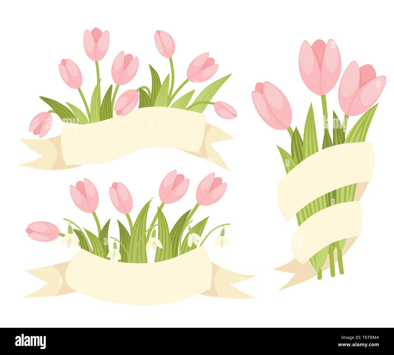 Spring decorative bouquet of pink tulip and galantus with beige ribbon ...