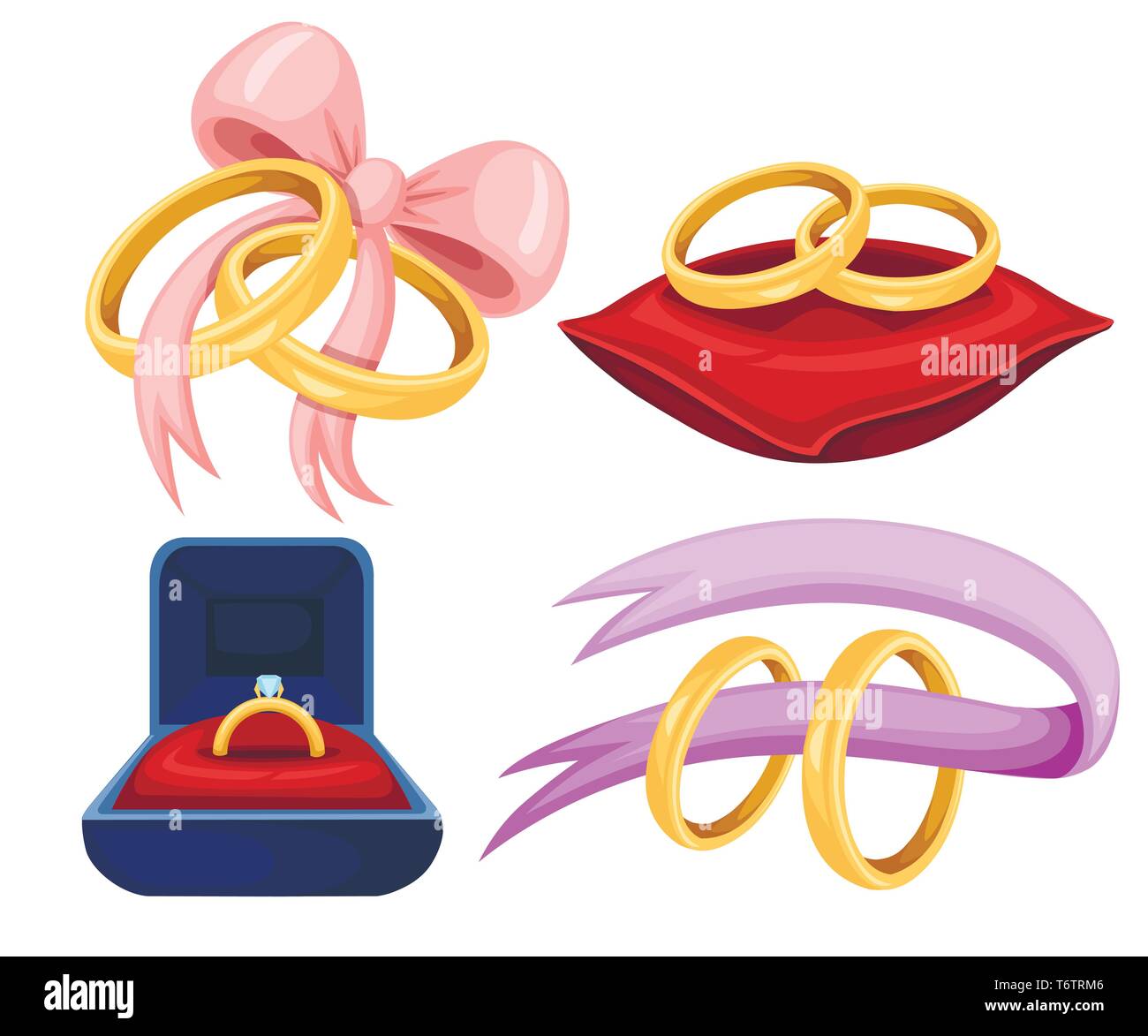 Golden weddings rings on red velvet pillow, purple ribbon. Golden jewelry set. Flat vector illustration on white background. Stock Vector