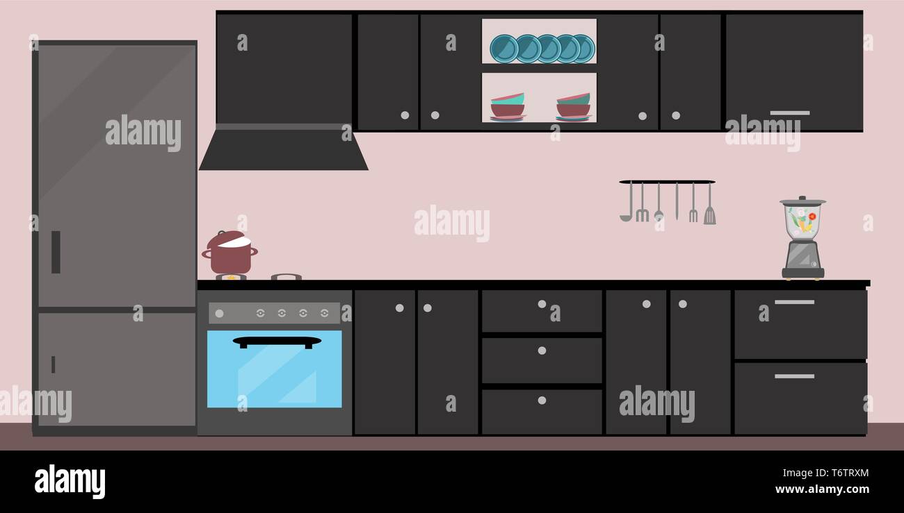 kitchen interior dining flat illustration with stove fridge table and