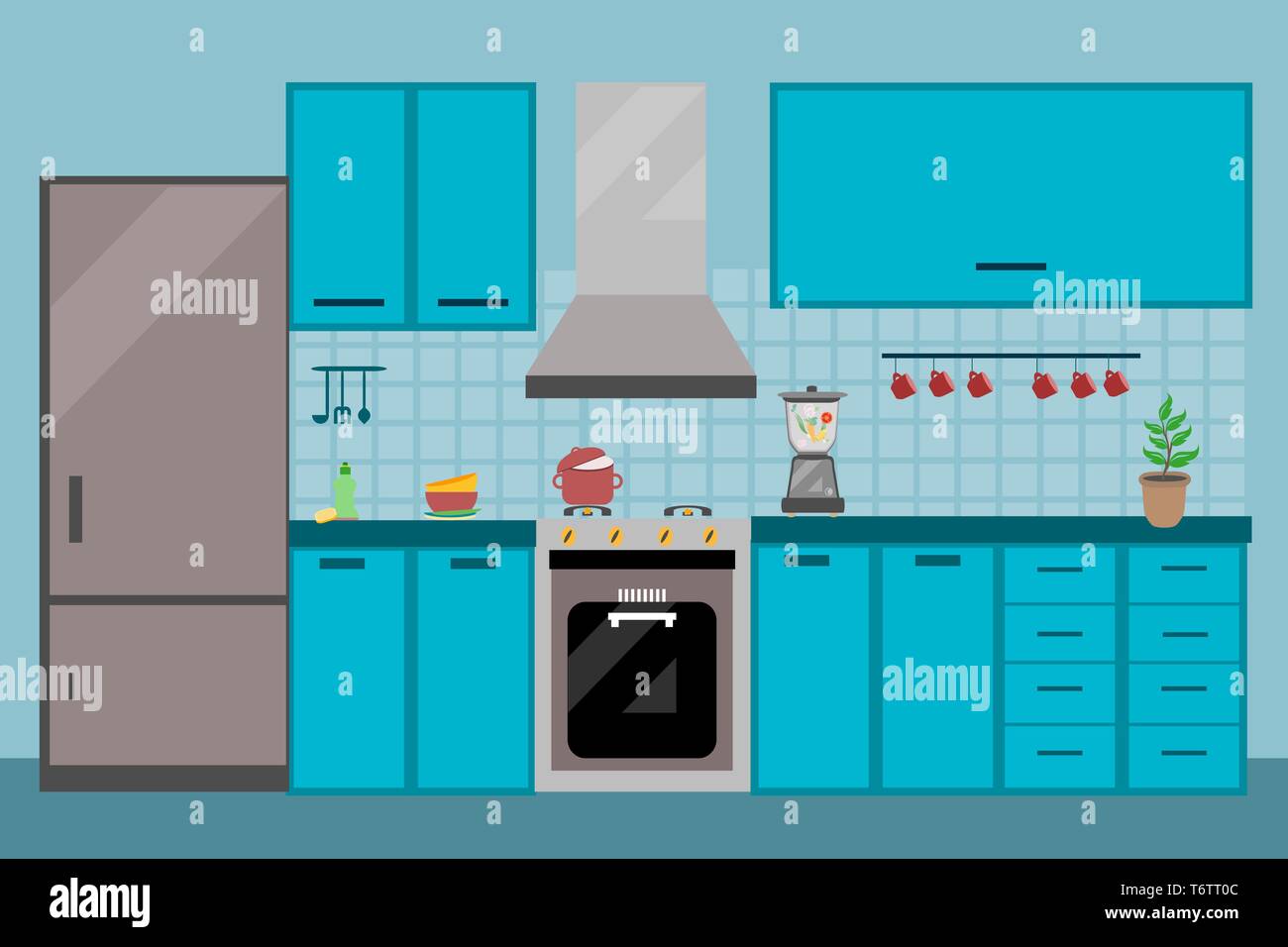kitchen interior dining flat illustration with stove fridge table and