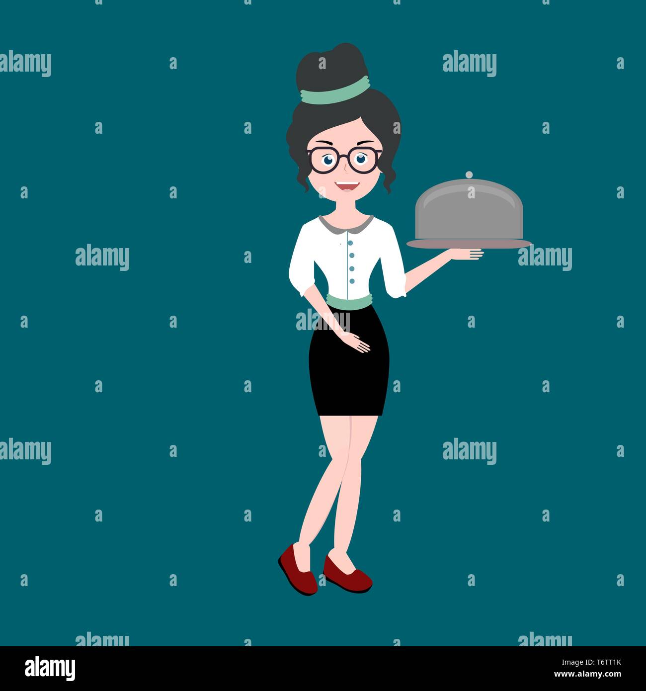 beautiful brunette girl in glasses working as a waiter with skirt and shirt with a bocklamm dish in her hands on a blue background Stock Vector