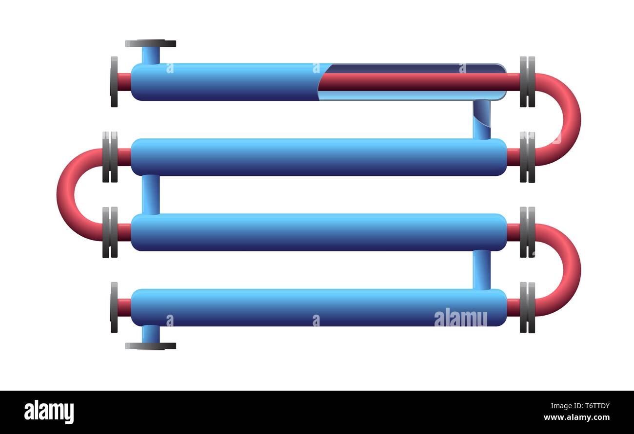 Cut Double Pipe Heat Exchanger. Apparatus for chemical processing. Pipe-in-pipe, tube in tube structure heat exchanger. Colour vector Stock Vector