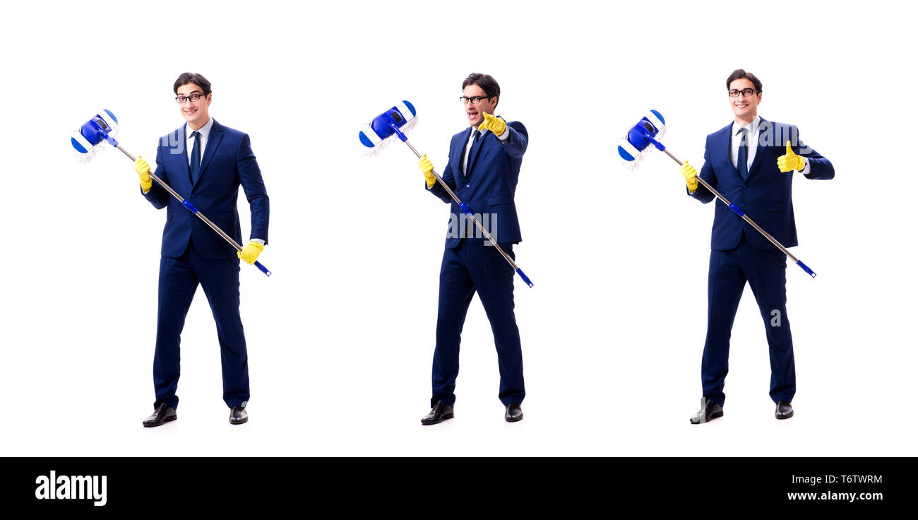 Young handsome businessman with mop isolated on white Stock Photo