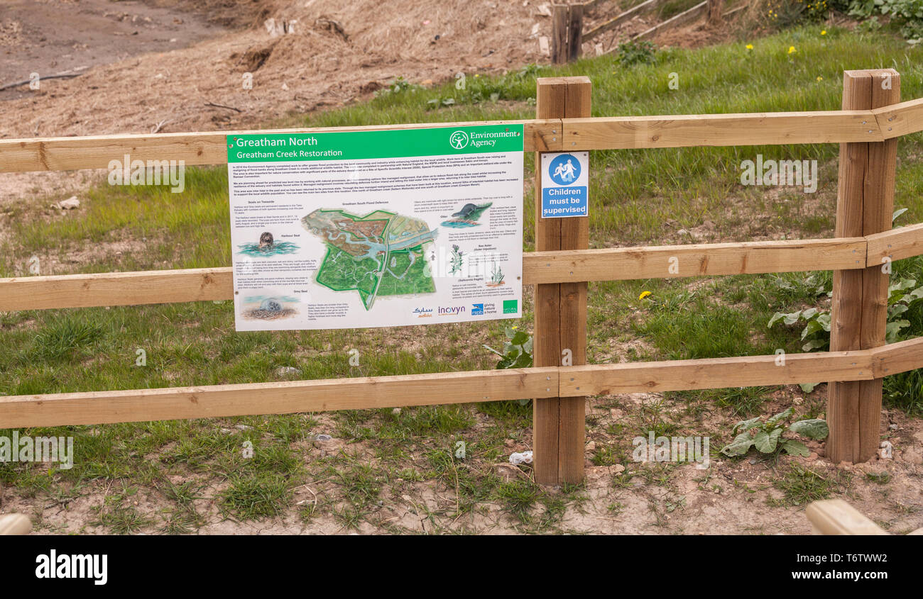 Signs for the Greatham Creek Restoration project at Hartlepool,England