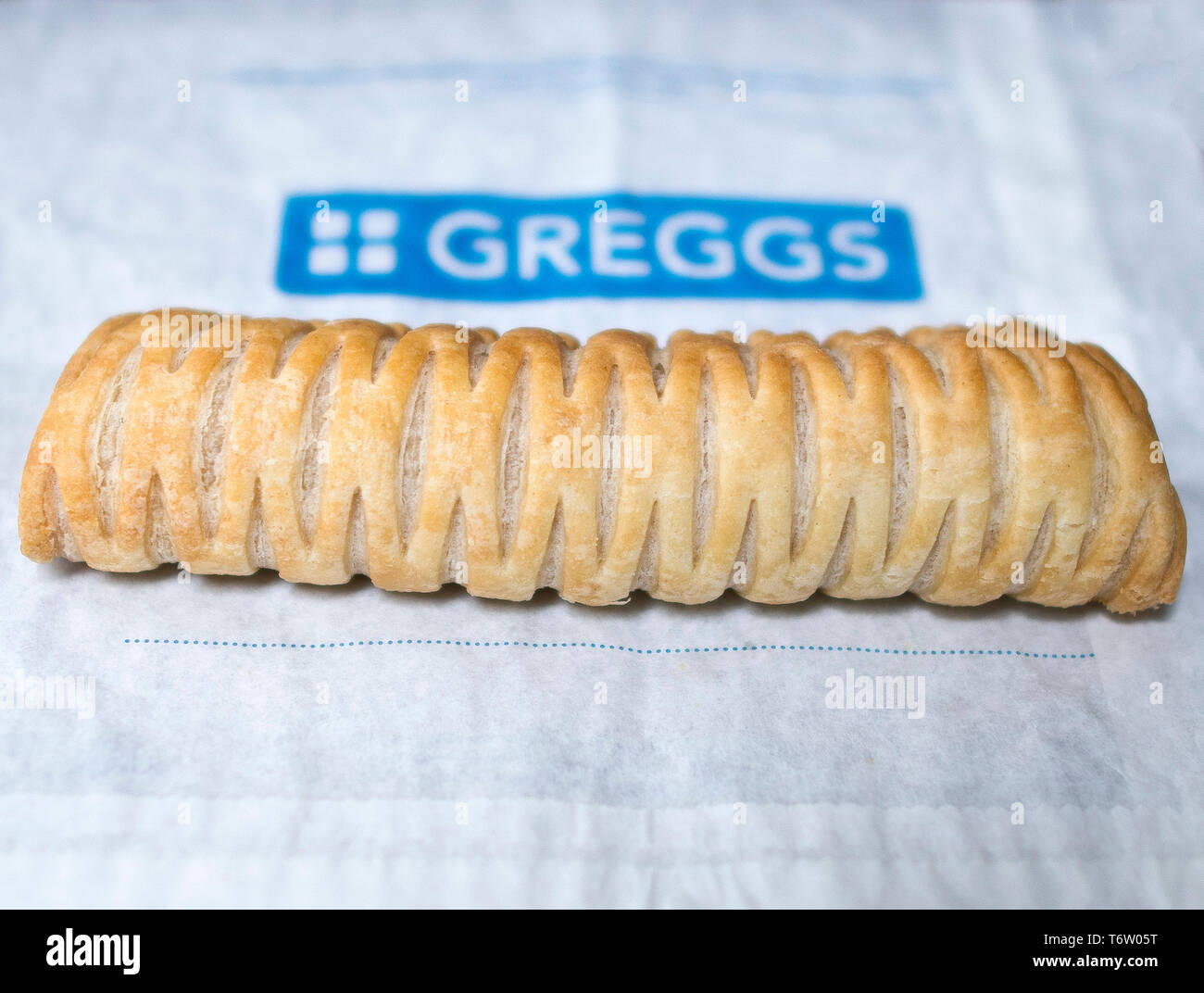 Greggs vegan sausage roll at a branch in Warwick, Warwickshire, UK on May 2, 2019. Stock Photo