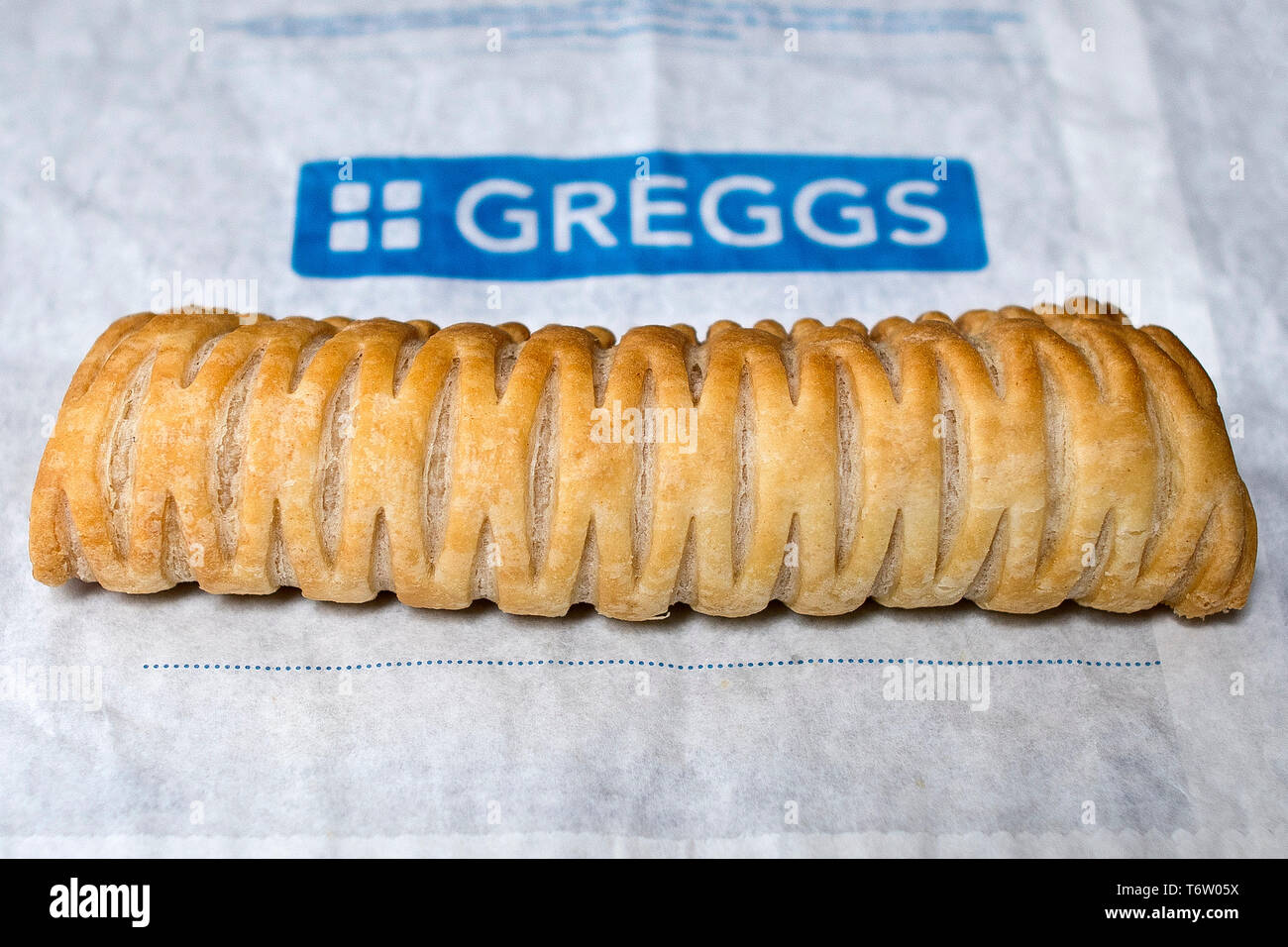 Greggs vegan sausage roll at a branch in Warwick, Warwickshire, UK on