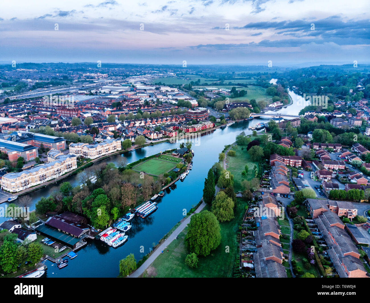 Aerial photograph of Reading, Berkshire, UK, taken at sunrise, including the River Thames.  Looking West over Caversham Bridge Stock Photo