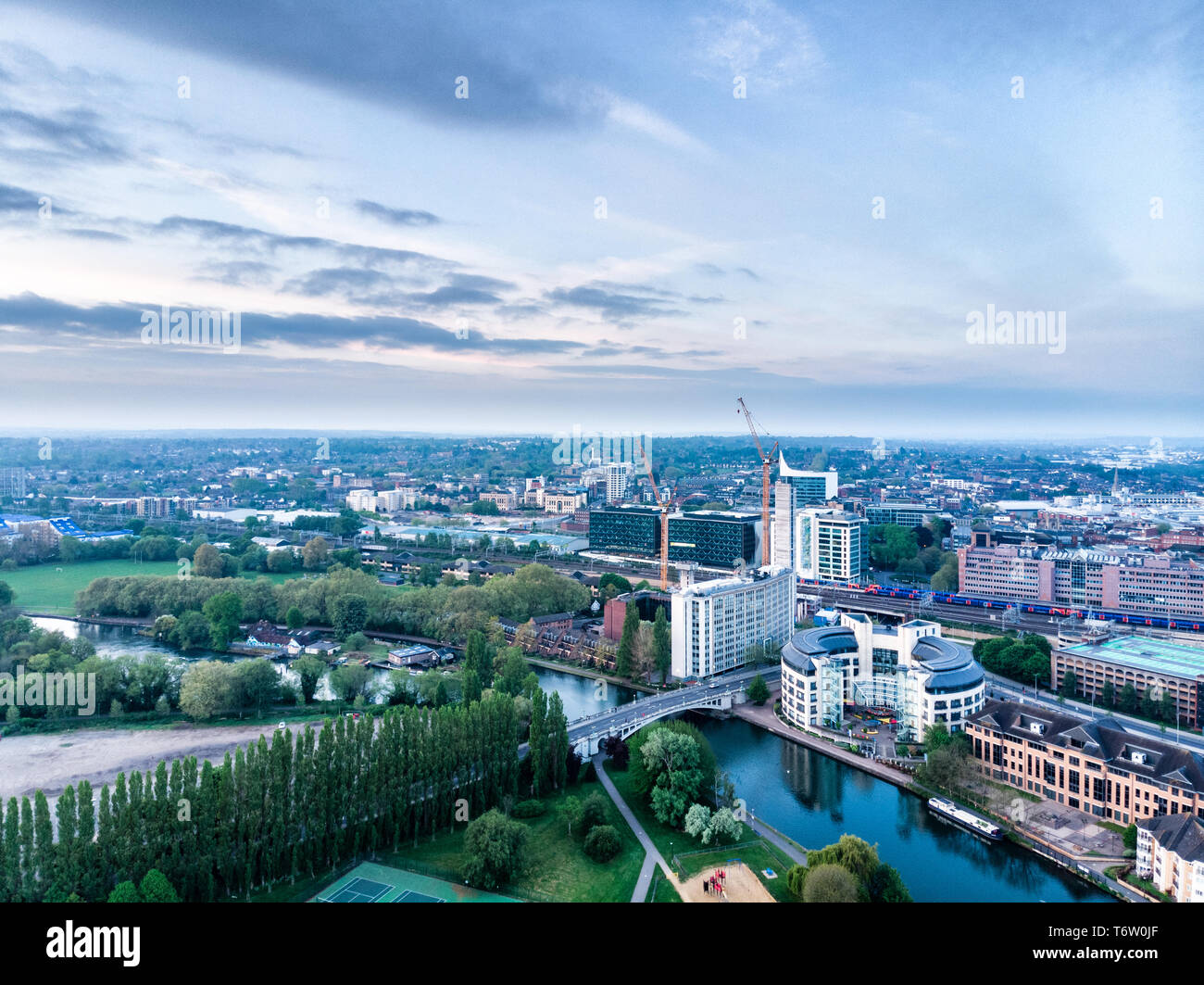 Aerial photograph of Reading, Berkshire, UK, taken at sunrise, including the River Thames.  Looking East, showing Reading Bridge. Stock Photo