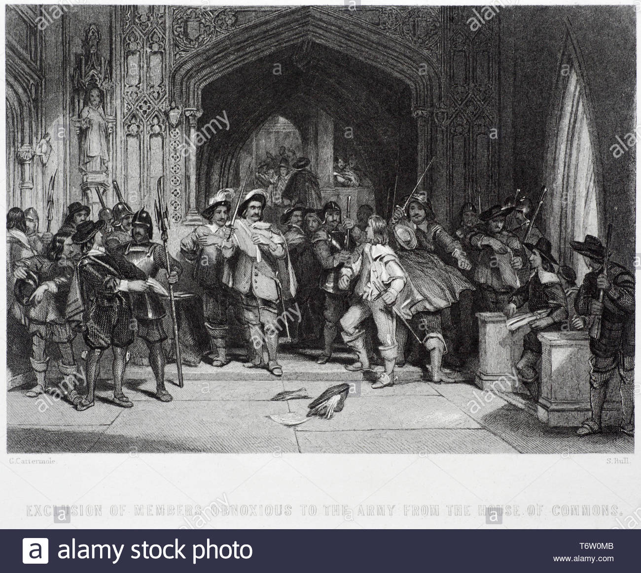 Pride's Purge took place in december 1648 as part of the English Civil War when Colonel Thomas Pride and his New Model Army Troops excluded from the House of Commons members of parliament who were not supporters of the grandees of the New Model Army,  vintage engraving from c1850 Stock Photo