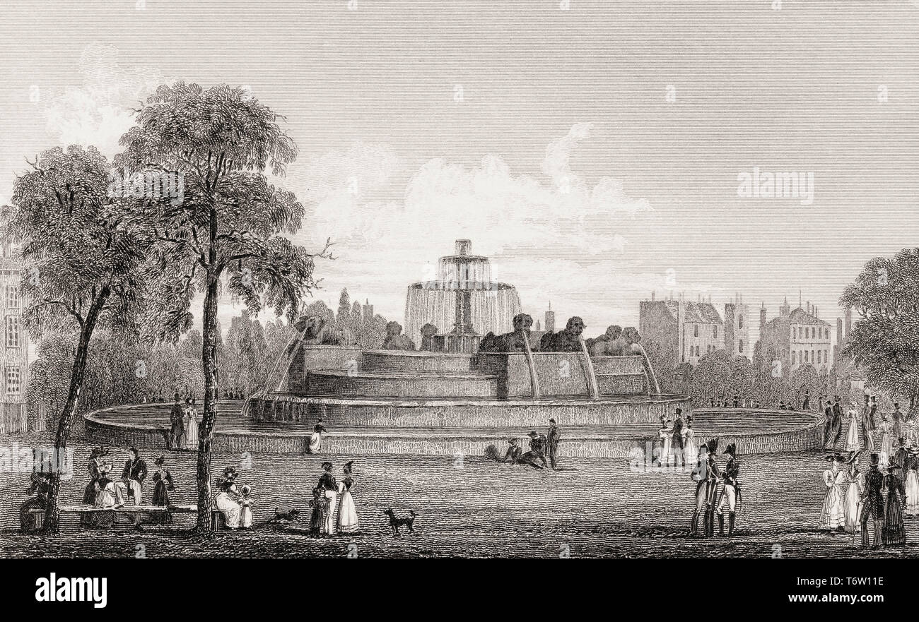 Château d'Eau, Paris, antique steel engraved print, 1831 Stock Photo