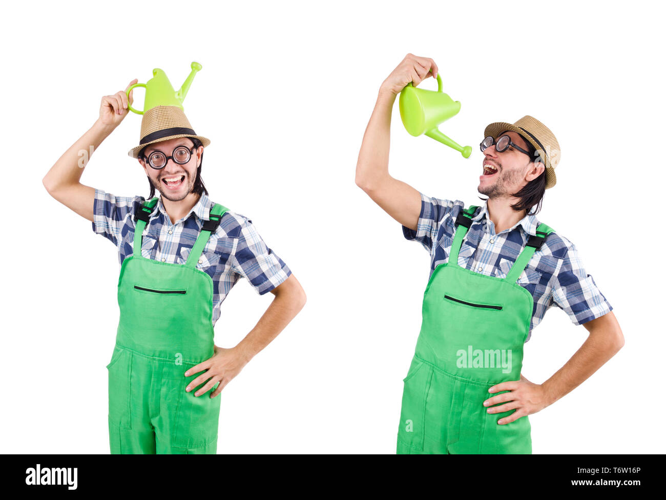 Funny gardener with watering can isolated on white Stock Photo - Alamy