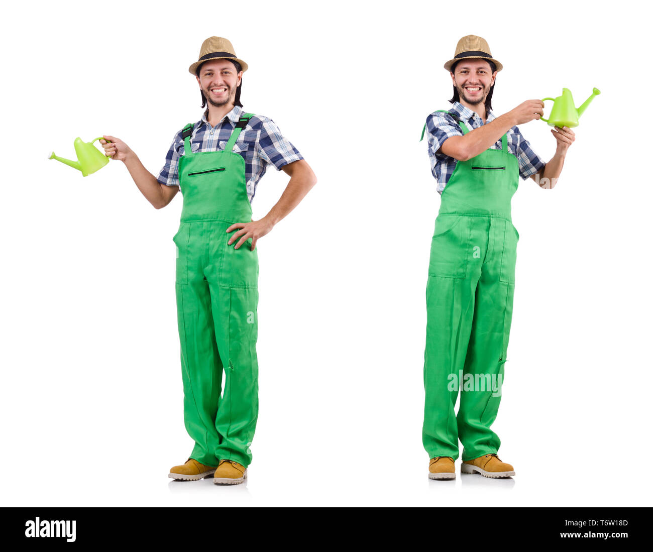 Young cheerful gardener with watering can isolated on white Stock Photo ...