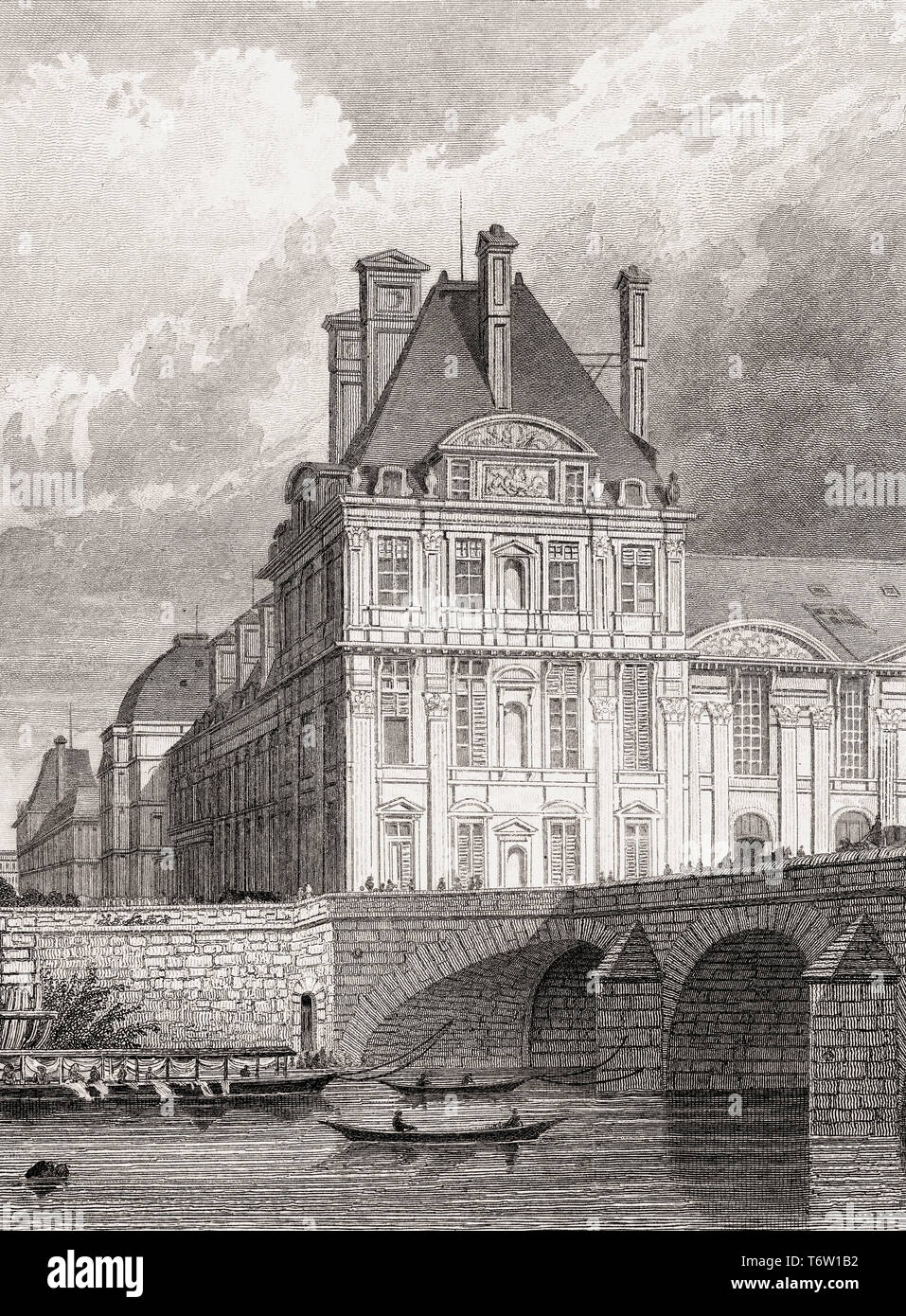 The Pavillon de Flore, near the Pont Royal, Paris, antique steel engraved print, 1831 Stock Photo