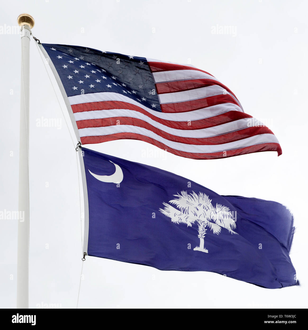 The flags of the United States of America and South Carolina flying on a flagpole. Stock Photo