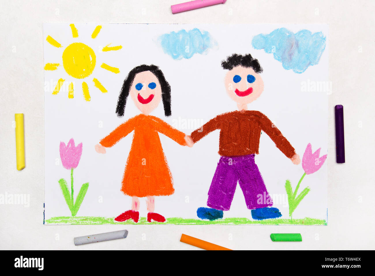 Colorful Drawing Smiling Boy And Girl Holding Hands Happy Couple Stock Photo Alamy