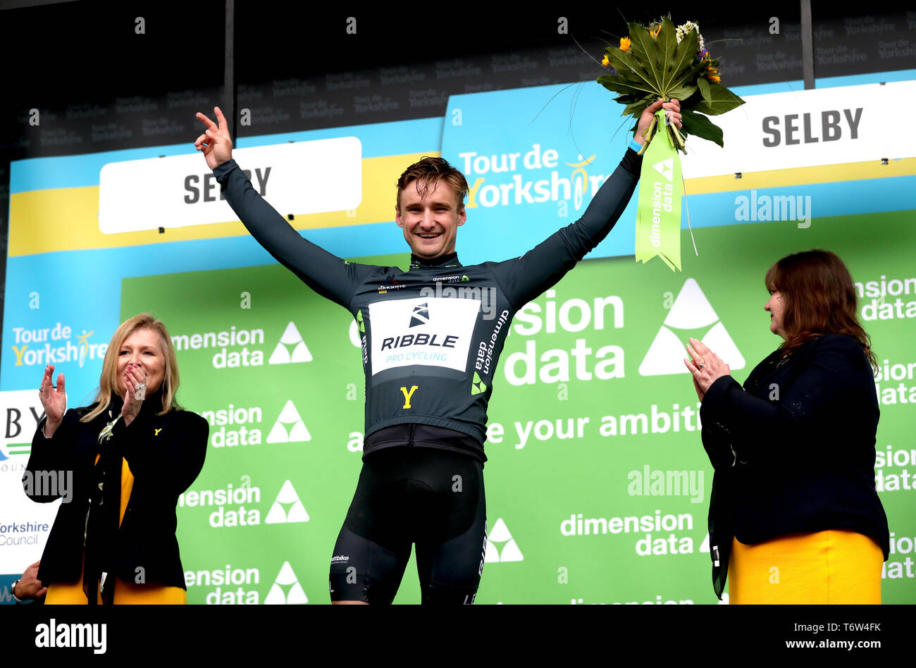 Team Ribble Pro Cycling's Dan Bigham celebrates after winning the Dimension Data Digital Jersey for the most active rider during stage one of the Tour de Yorkshire. Stock Photo