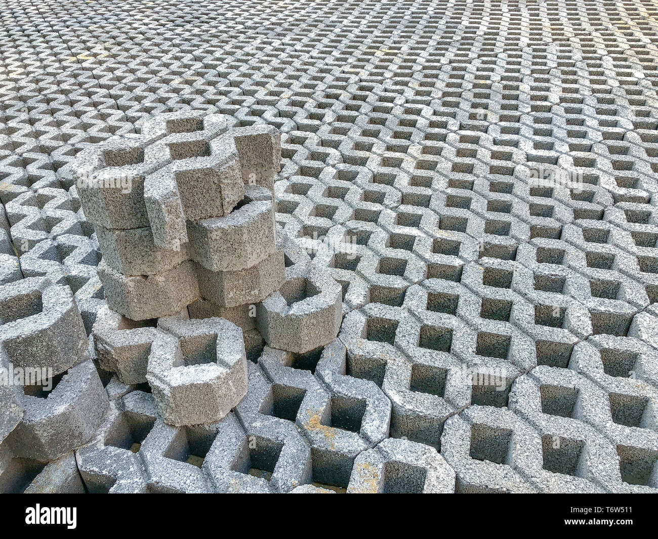 Gray Color Stone Brick Block Floor Tile With Green Grass And