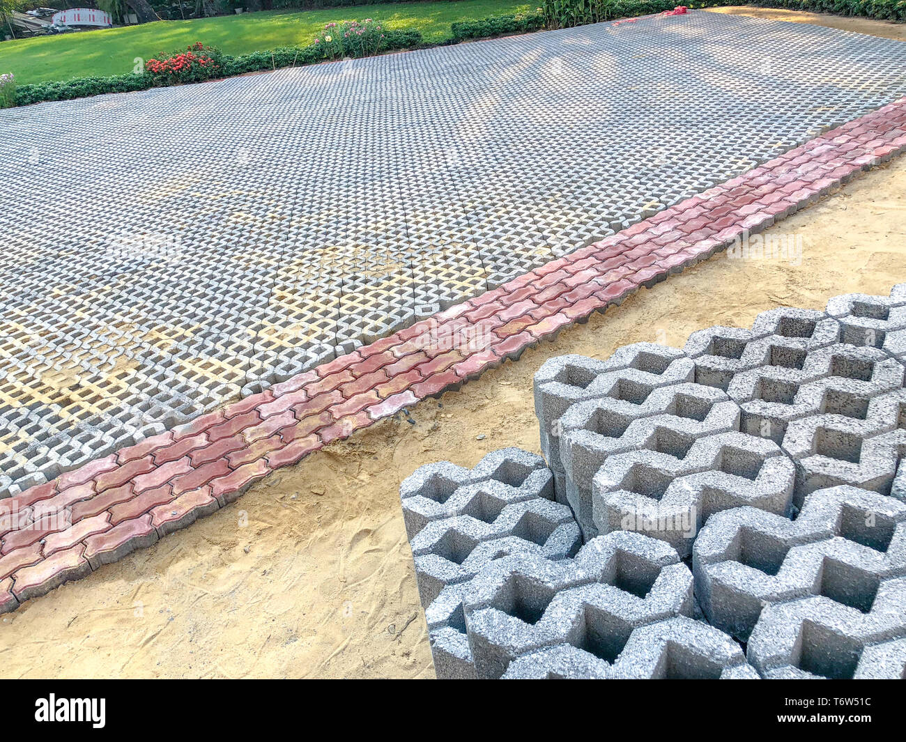 Gray Color Stone Brick Block Floor Tile With Green Grass And
