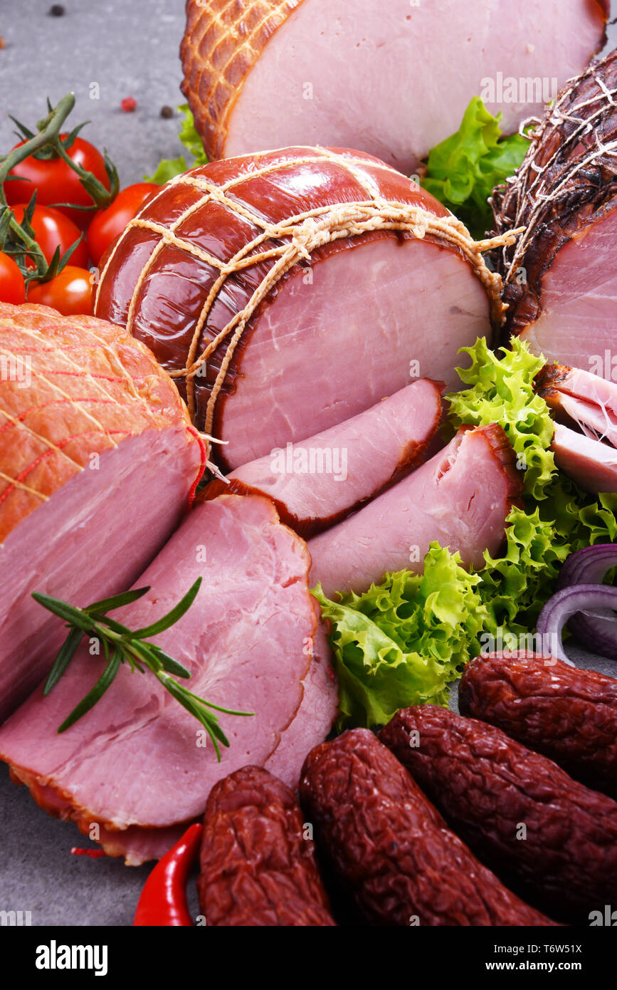 Composition with assorted meat products Stock Photo - Alamy