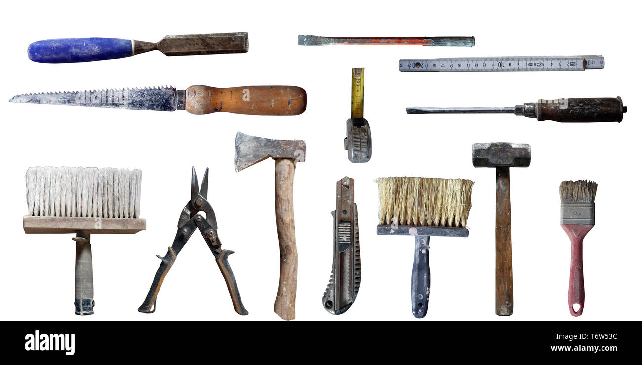 old used 13 different home tools isolated on white background Stock Photo