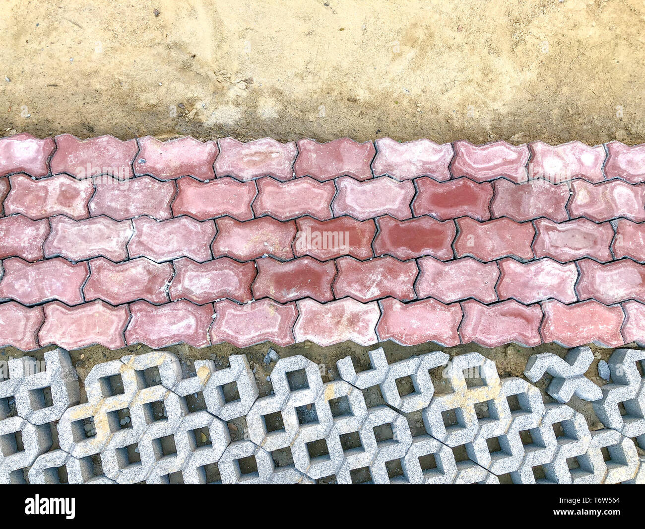 Gray Color Stone Brick Block Floor Tile With Green Grass And