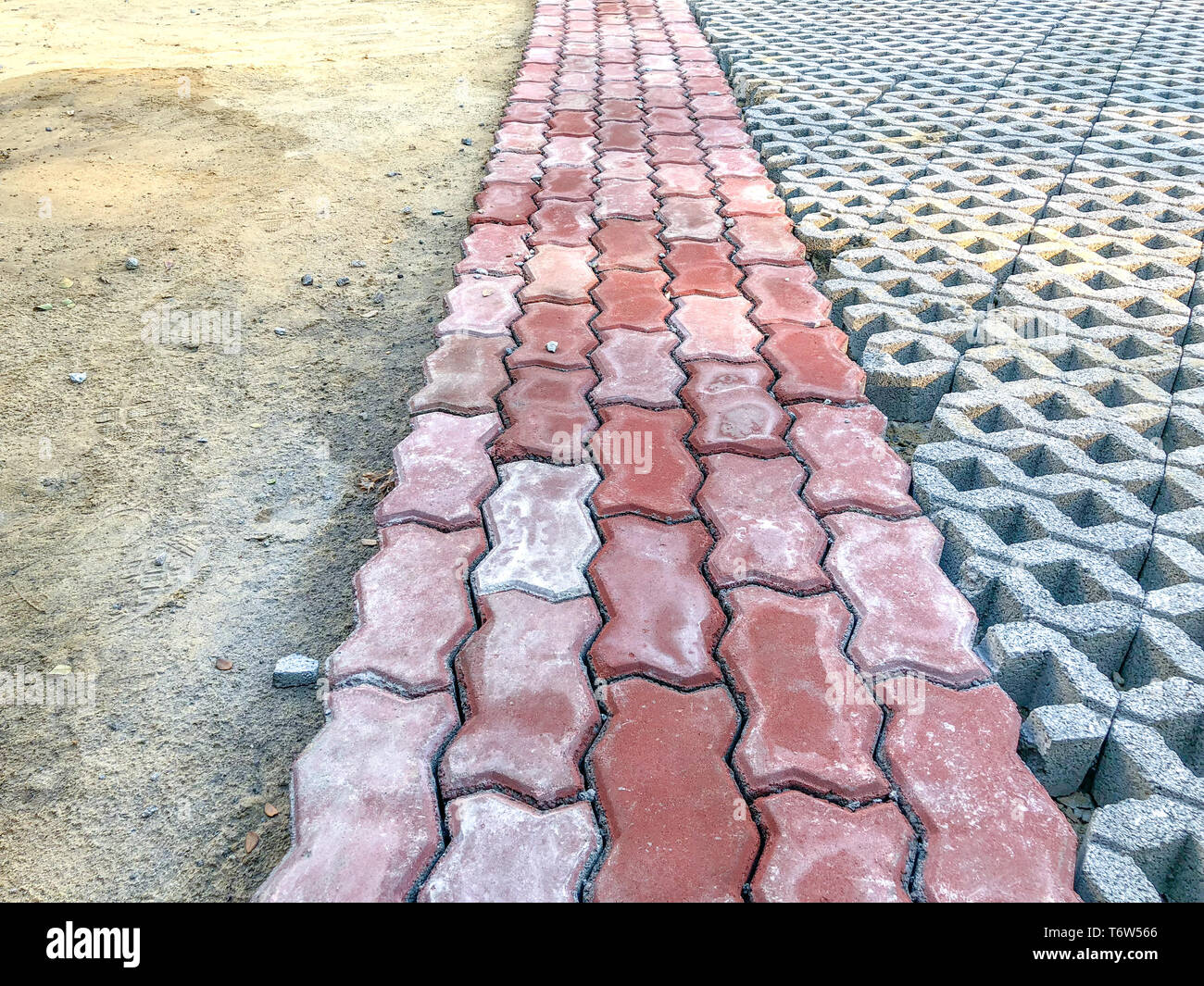 Gray Color Stone Brick Block Floor Tile With Green Grass And