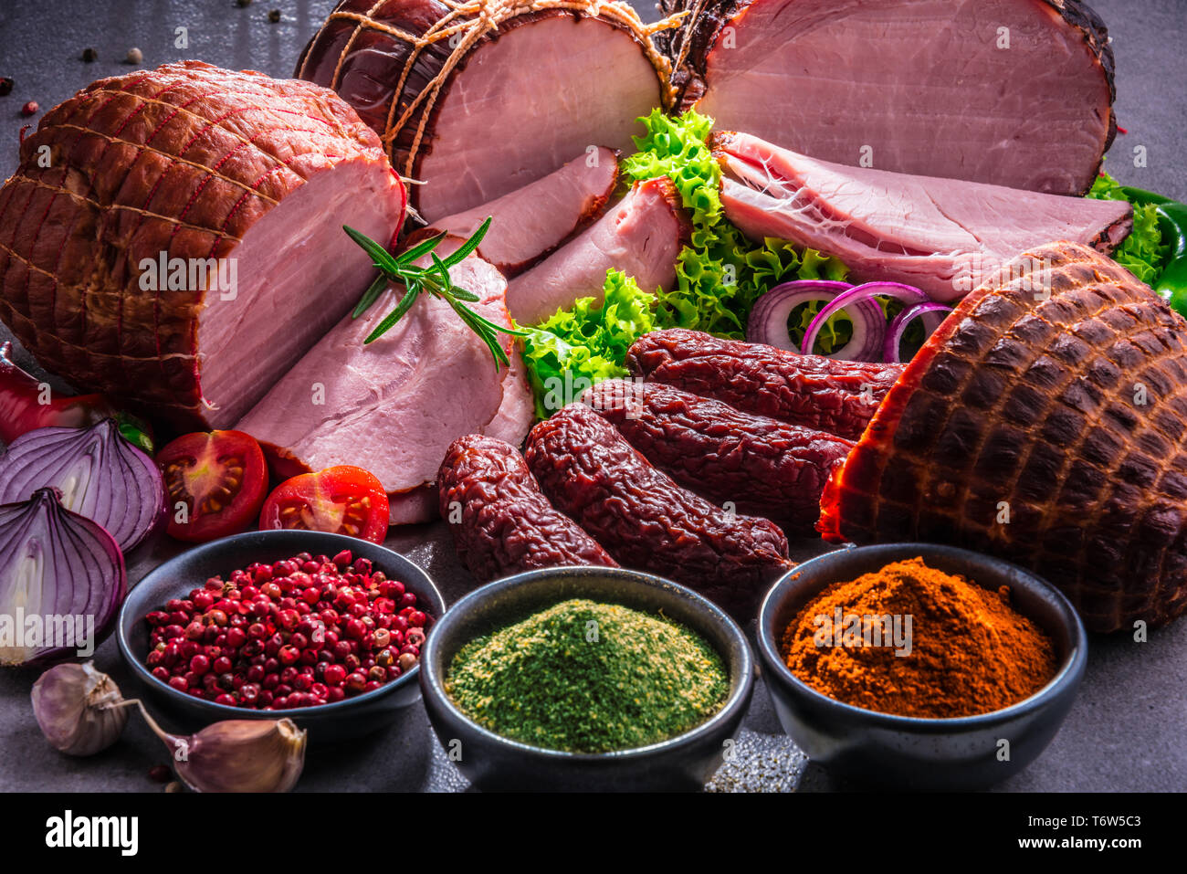 Composition with assorted meat products. Stock Photo