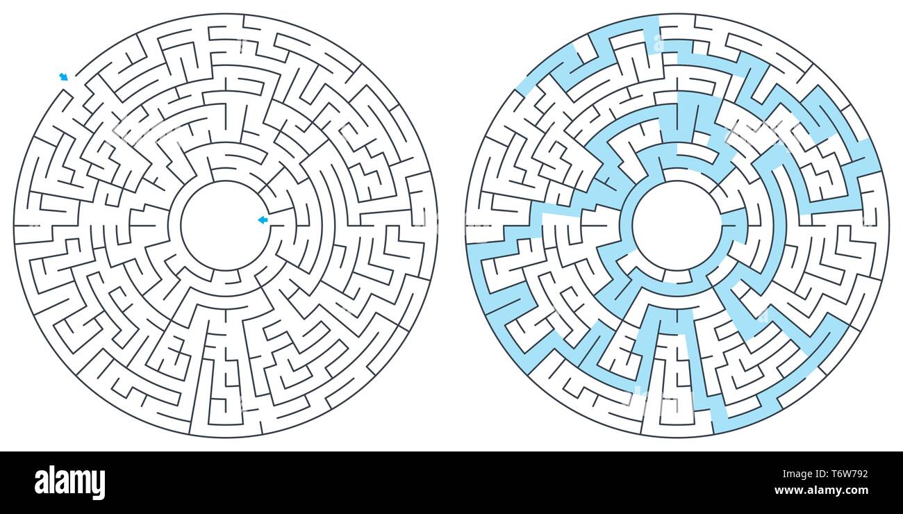 Maze, labyrinth with solution, vector illustration. Round, circular maze. High quality vector. Stock Vector