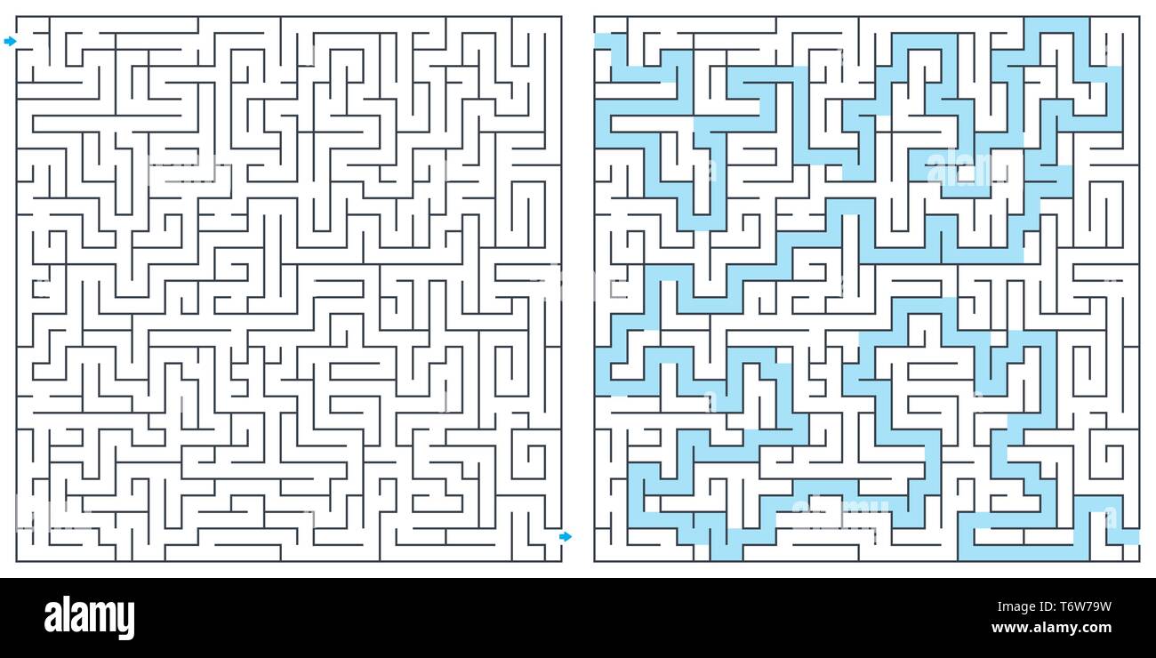 Labyrinth, maze with solution vector illustration. Square maze. High quality vector. Stock Vector