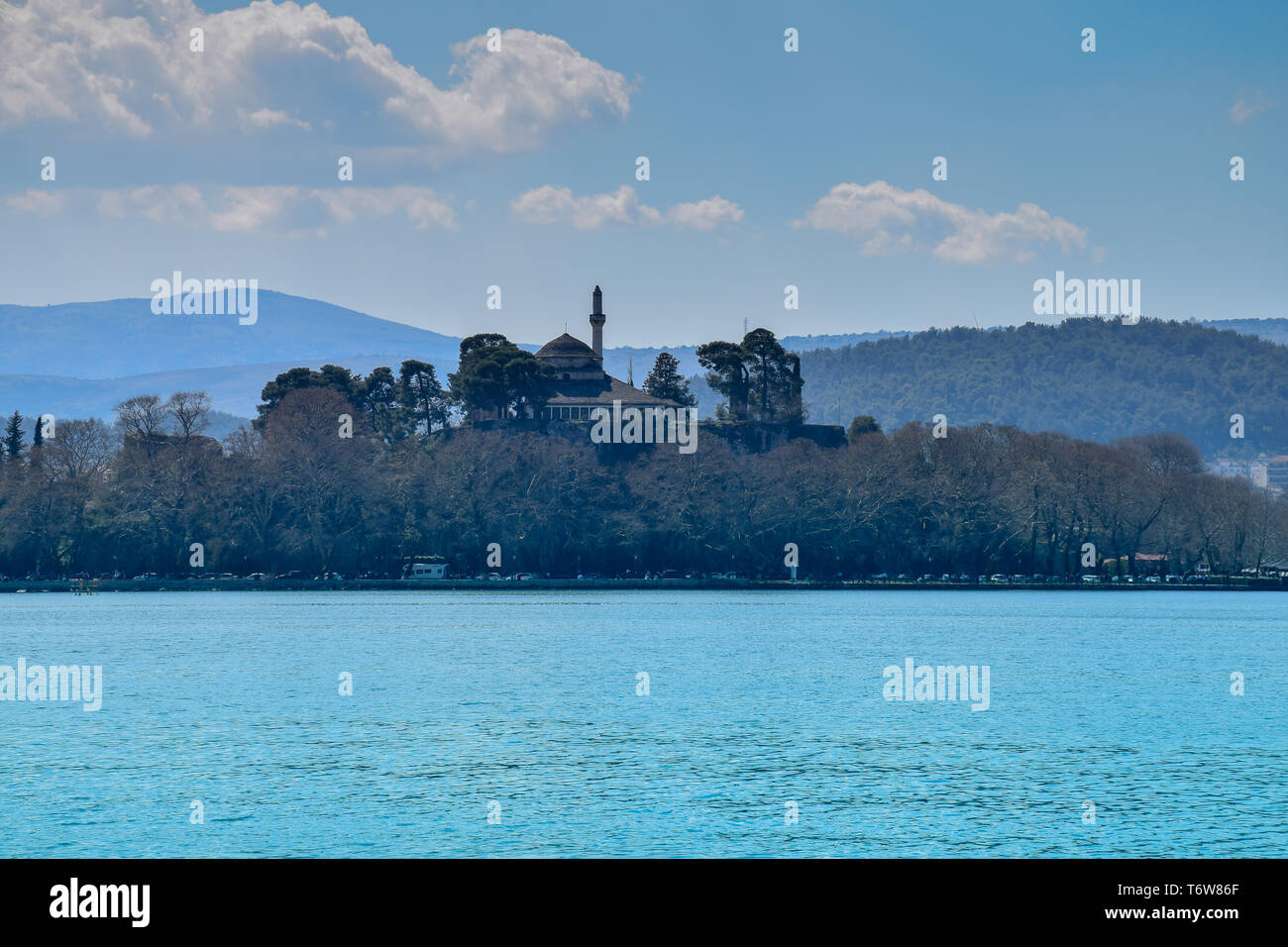 View of the lake Pamvotis and mosque in Ioannina city, Greece. Stock Photo