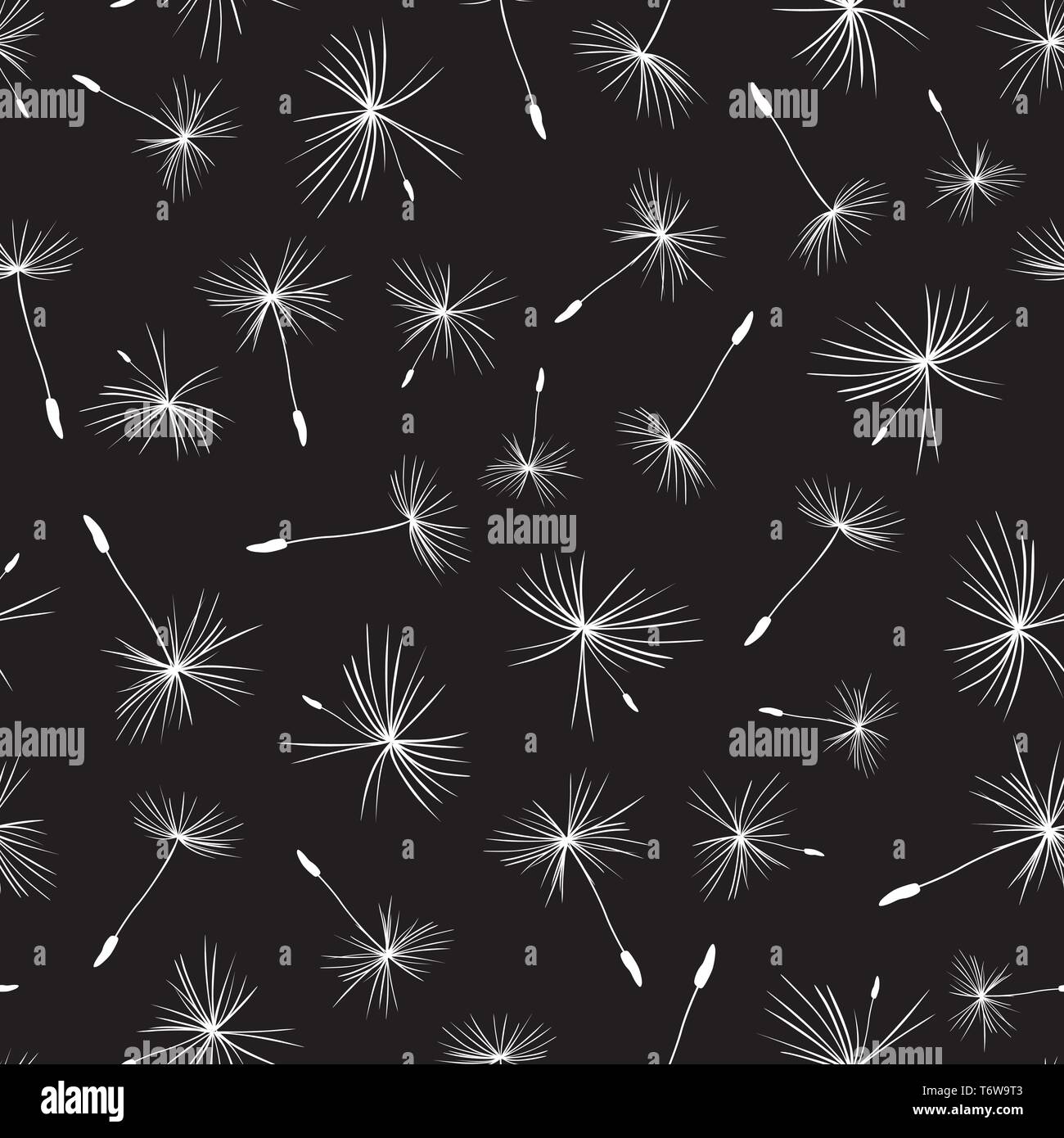White Dandelion seeds on black background seamless vector repeat pattern Stock Vector