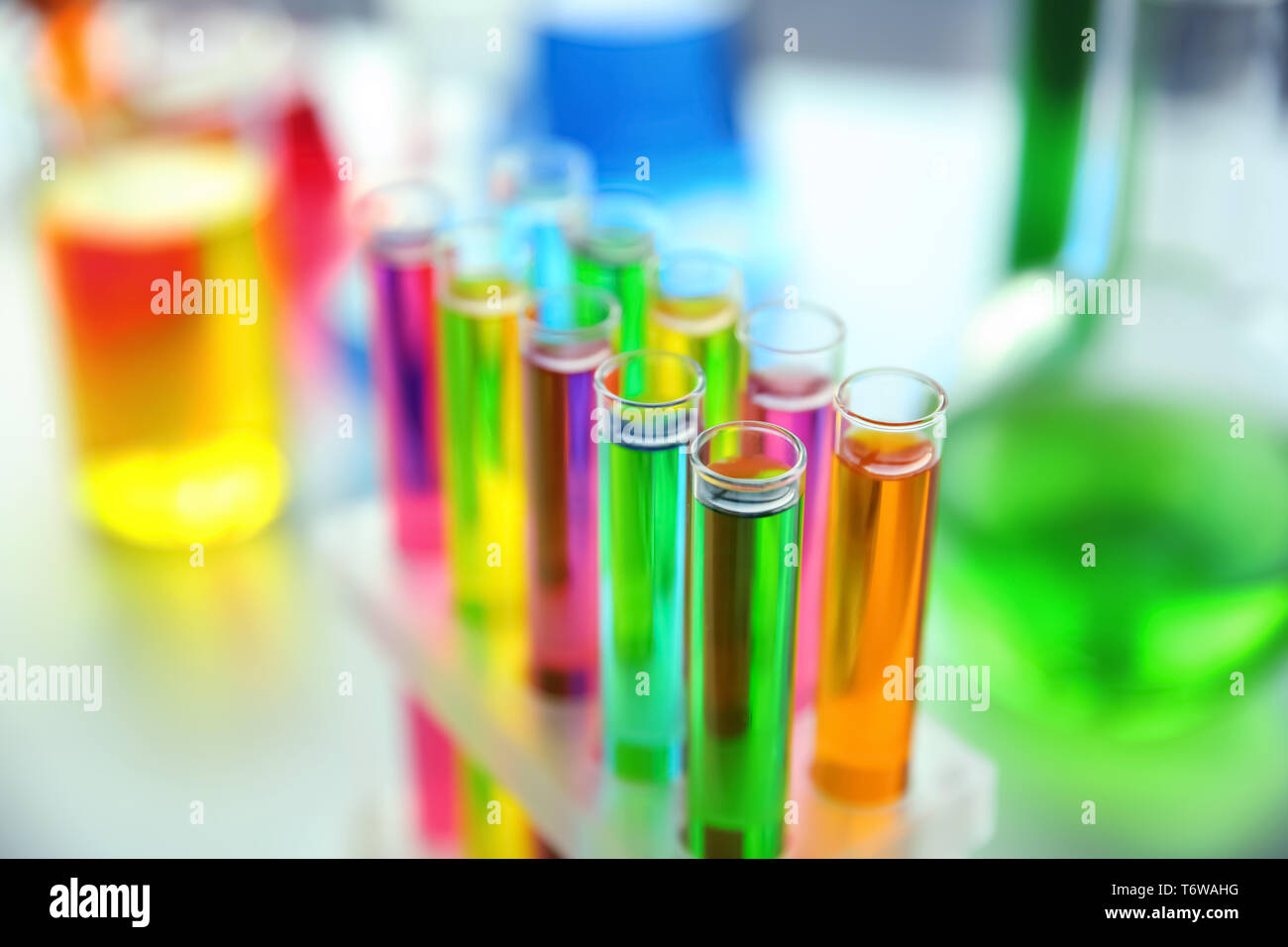 Test tubes with colorful samples in laboratory, closeup Stock Photo - Alamy
