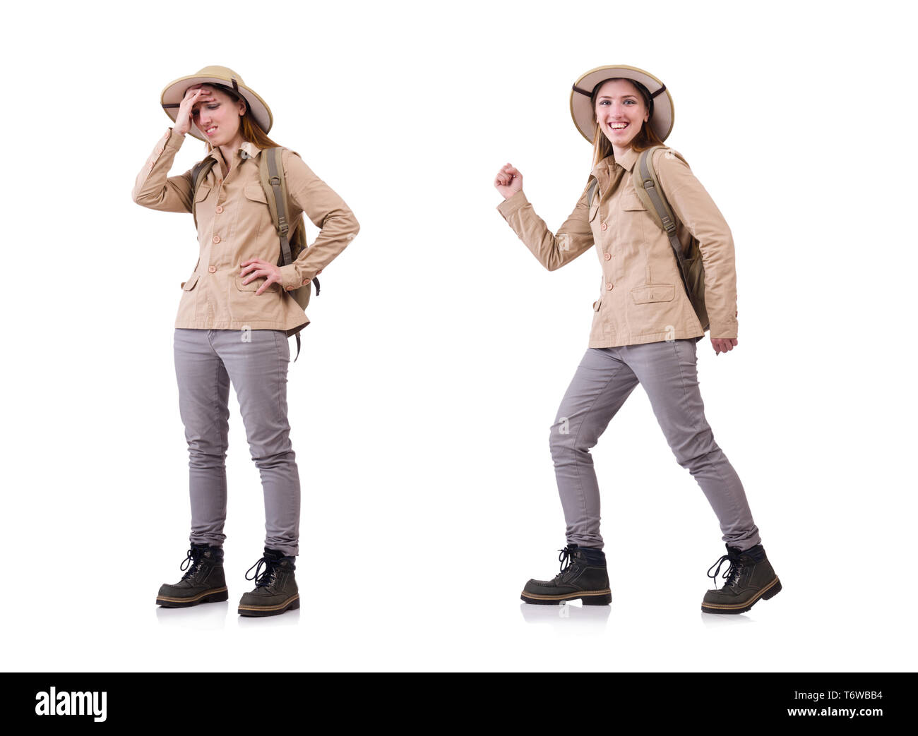 Woman wearing safari hat on white Stock Photo Alamy