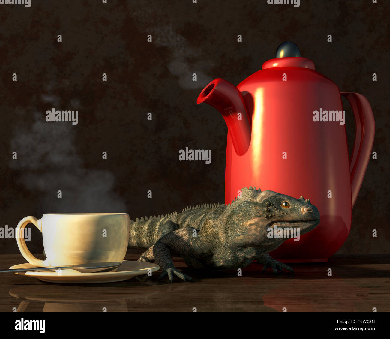 A small iguana sits on a table between a steaming cup of coffee and a bright red coffee pot.  All three things are reflected in table surface. Stock Photo