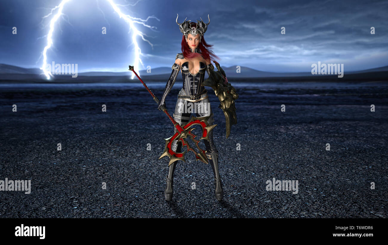 Ancient warrior queen, female fantasy fighter in battle armor with medieval weapons and shield, 3D rendering Stock Photo