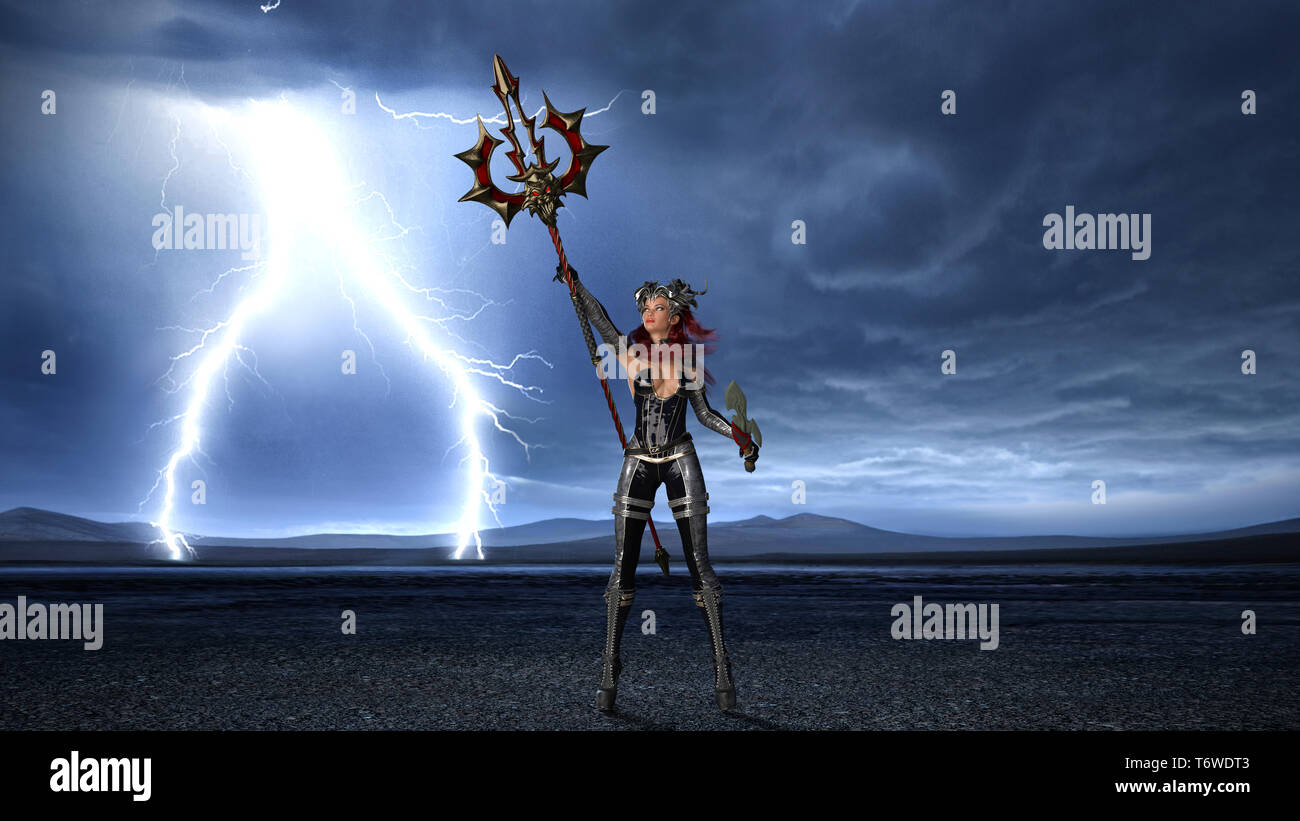 Ancient warrior queen, female fantasy fighter in battle armor holding medieval spear and sword, 3D rendering Stock Photo