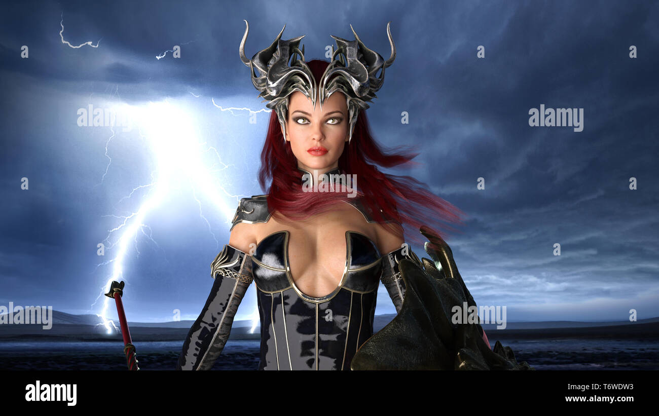 Ancient warrior queen, female fantasy fighter in battle armor with crown, portrait, 3D rendering Stock Photo