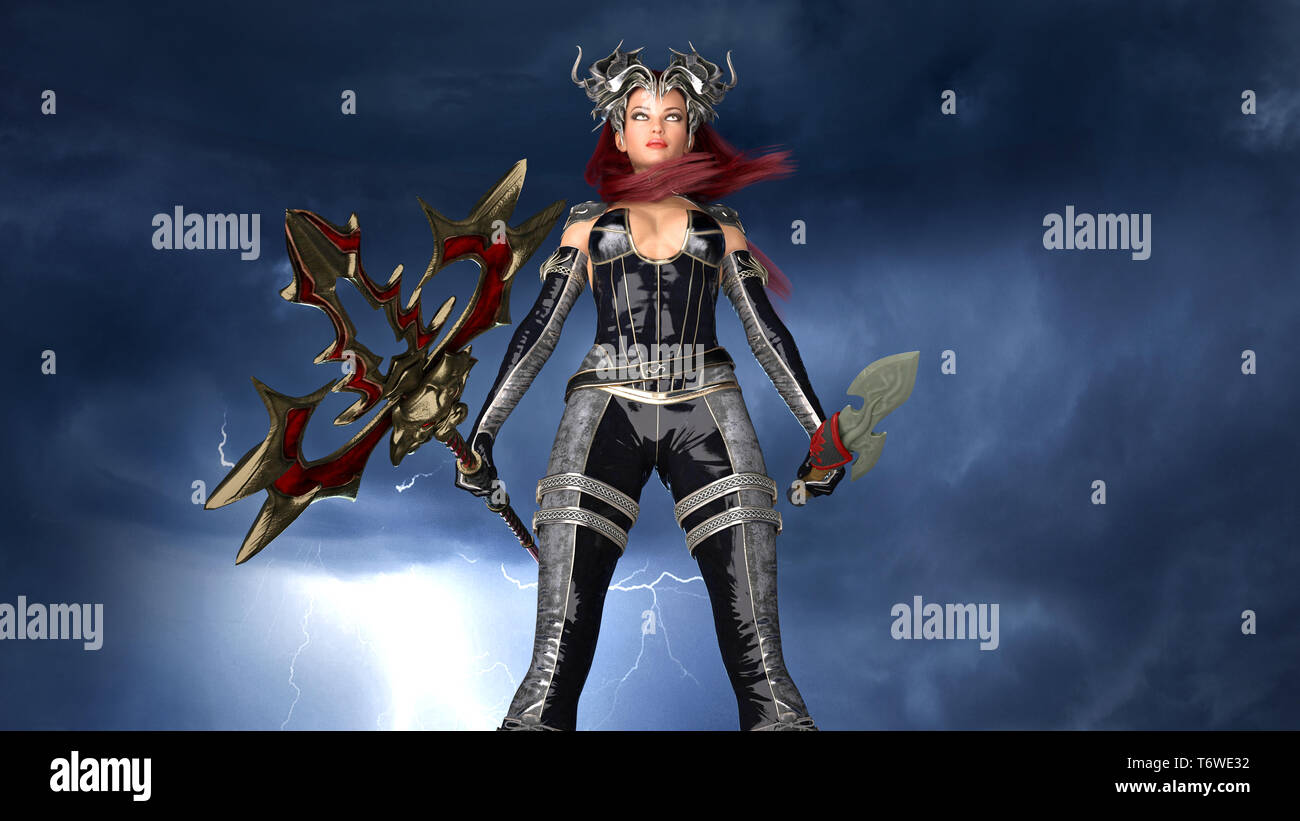 Ancient warrior queen, female fantasy fighter in battle armor with medieval spear and sword, 3D rendering Stock Photo