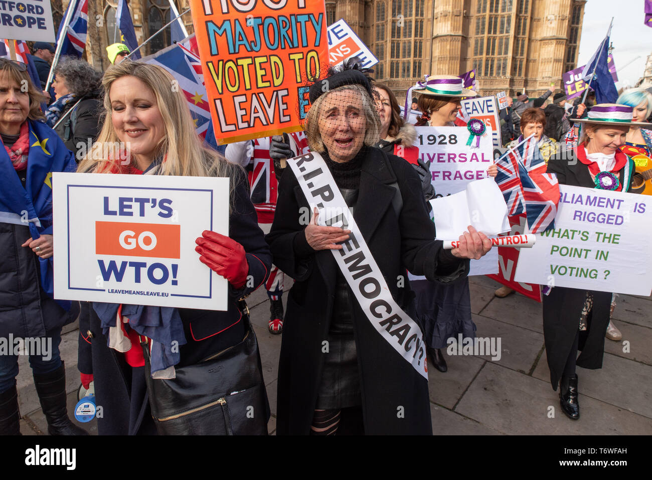Vote Leave supporters in Westminster before an important vote in Parliament, London, Great Britain. 29th January 2019. Stock Photo