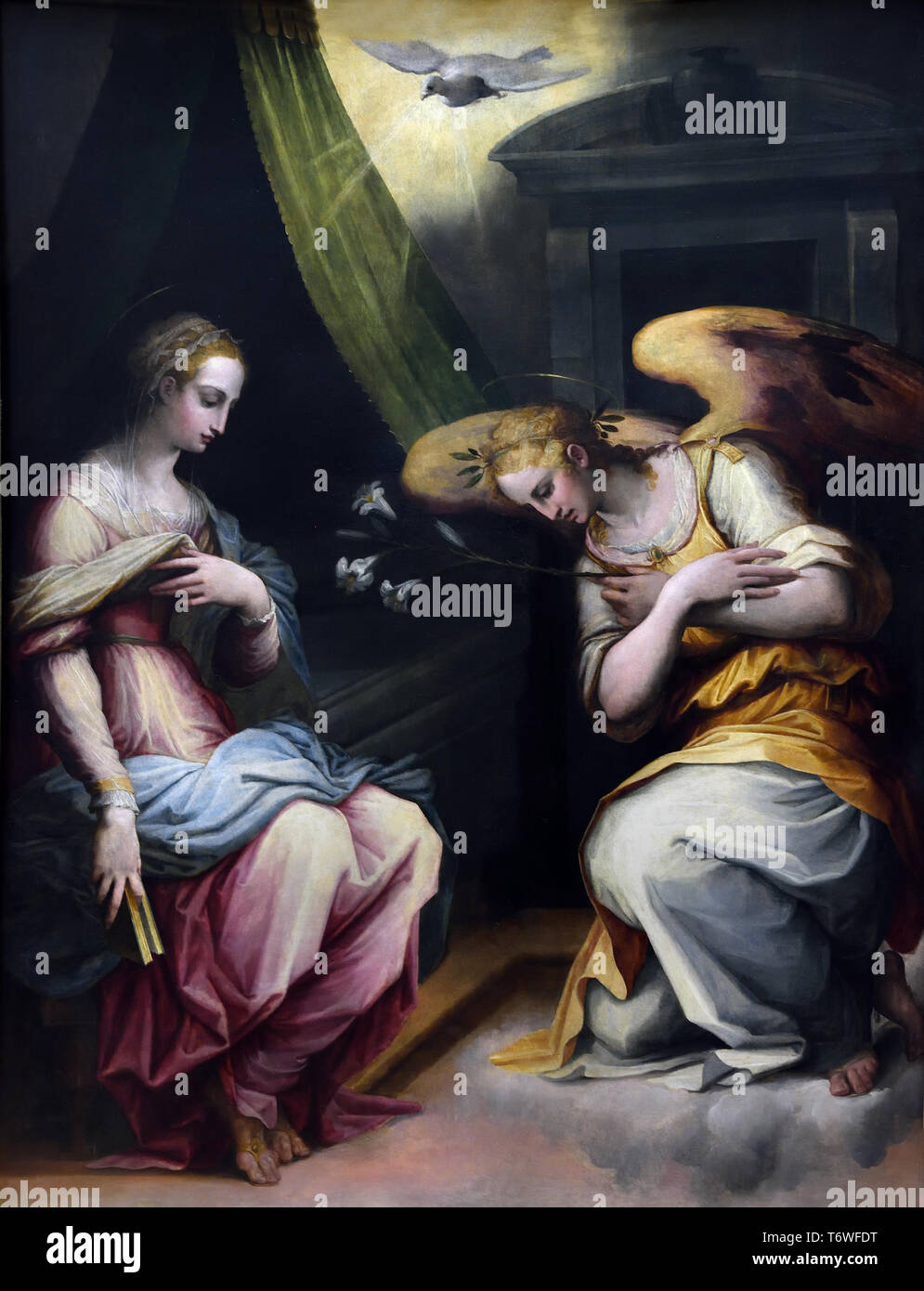 The Annunciation by Giorgio VASARI Arezzo, 1511 – Florence, 1574, Italian, Italy, ( painted in around 1564–67 for the altar of the Dominican church of Santa Maria Novella d'Arezzo ) Annunciation, blessed, Virgin Mary, the announcement by the ,angel Gabriel, Mary that she would conceive, bear a son through a, virgin birth, become the, mother of Jesus Christ, Christian Messiah and Son of God, Incarnation, Stock Photo