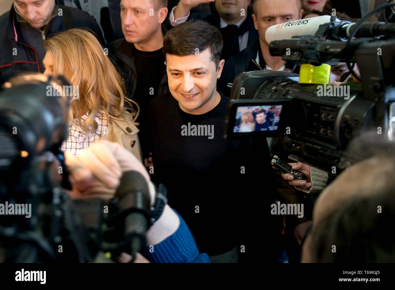 Ukrainian comic actor and presidential candidate Volodymyr Zelenskiy at a polling station to cast his ballot in Ukraine's presidential election in Kiev, Ukraine.  Featuring: Volodymyr Zelenskiy Where: Kiev, Ukraine When: 31 Mar 2019 Credit: IPA/WENN.com  **Only available for publication in UK, USA, Germany, Austria, Switzerland** Stock Photo